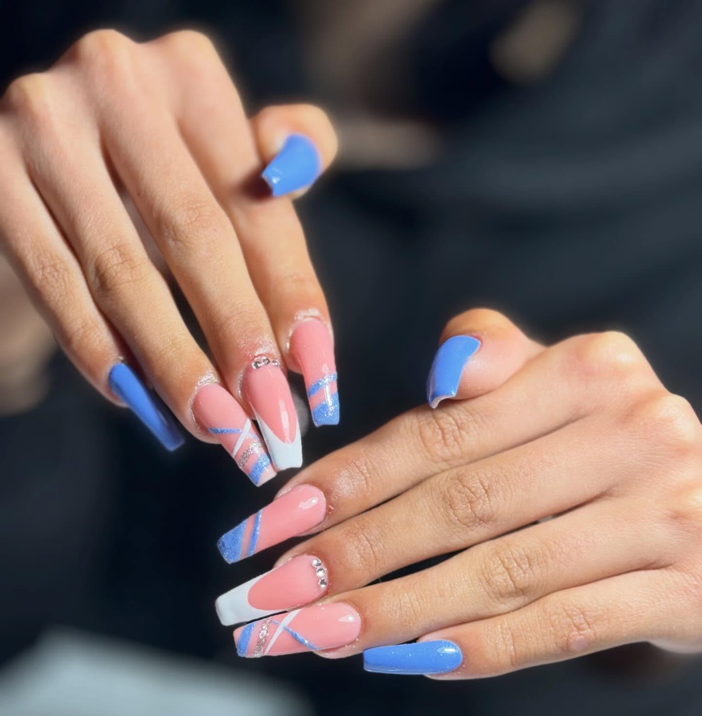 Blue and nude coffin nails with rhinestones